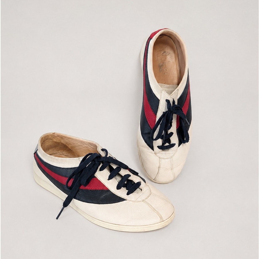 Gucci Falacer Web Low Top Sneakers Unisex Mens Us 7/Eu40 Leather Striped Logo